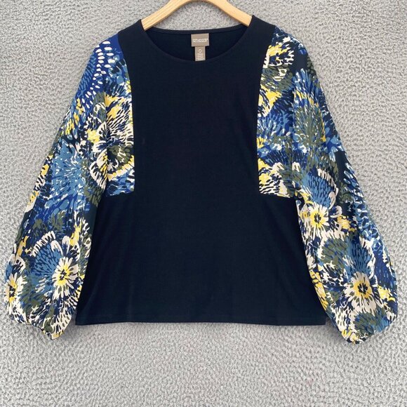 Chicos Top Womens 0 US Small Black Blue Floral Drops Bishop Long Sleeve Knit NWT - Picture 1 of 11